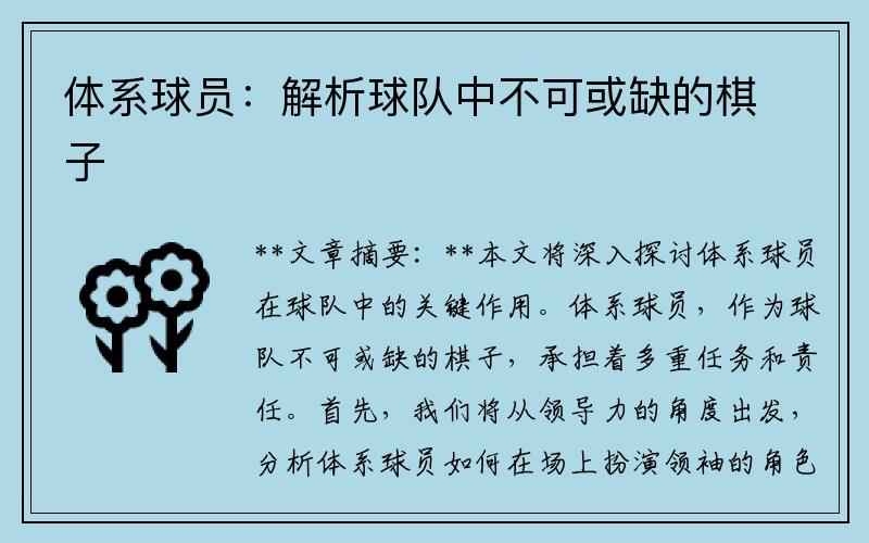 体系球员：解析球队中不可或缺的棋子