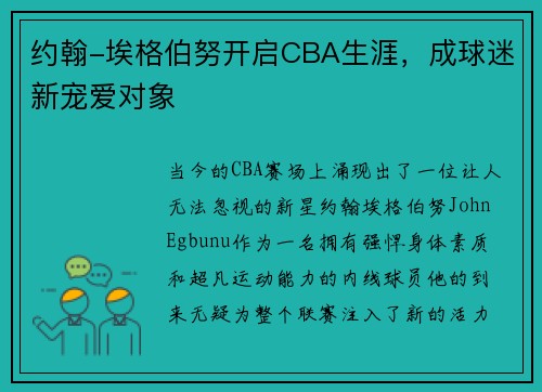 约翰-埃格伯努开启CBA生涯，成球迷新宠爱对象